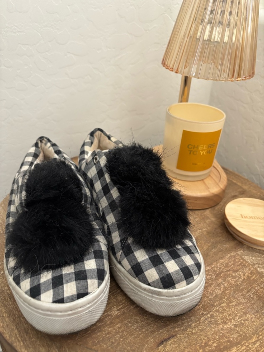 Sam Edelman Gingham Slip On Sneakers Faux Fur Pom Pom Women’s US 7
